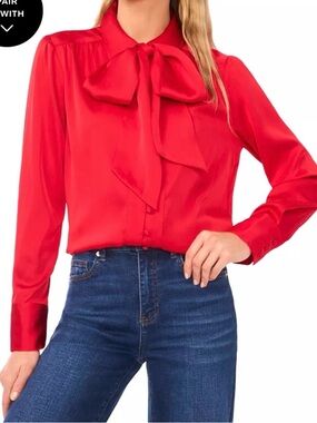 🌸NEW CeCe Women's Long-Sleeve Button Down  Top with Bow Women’s Size M